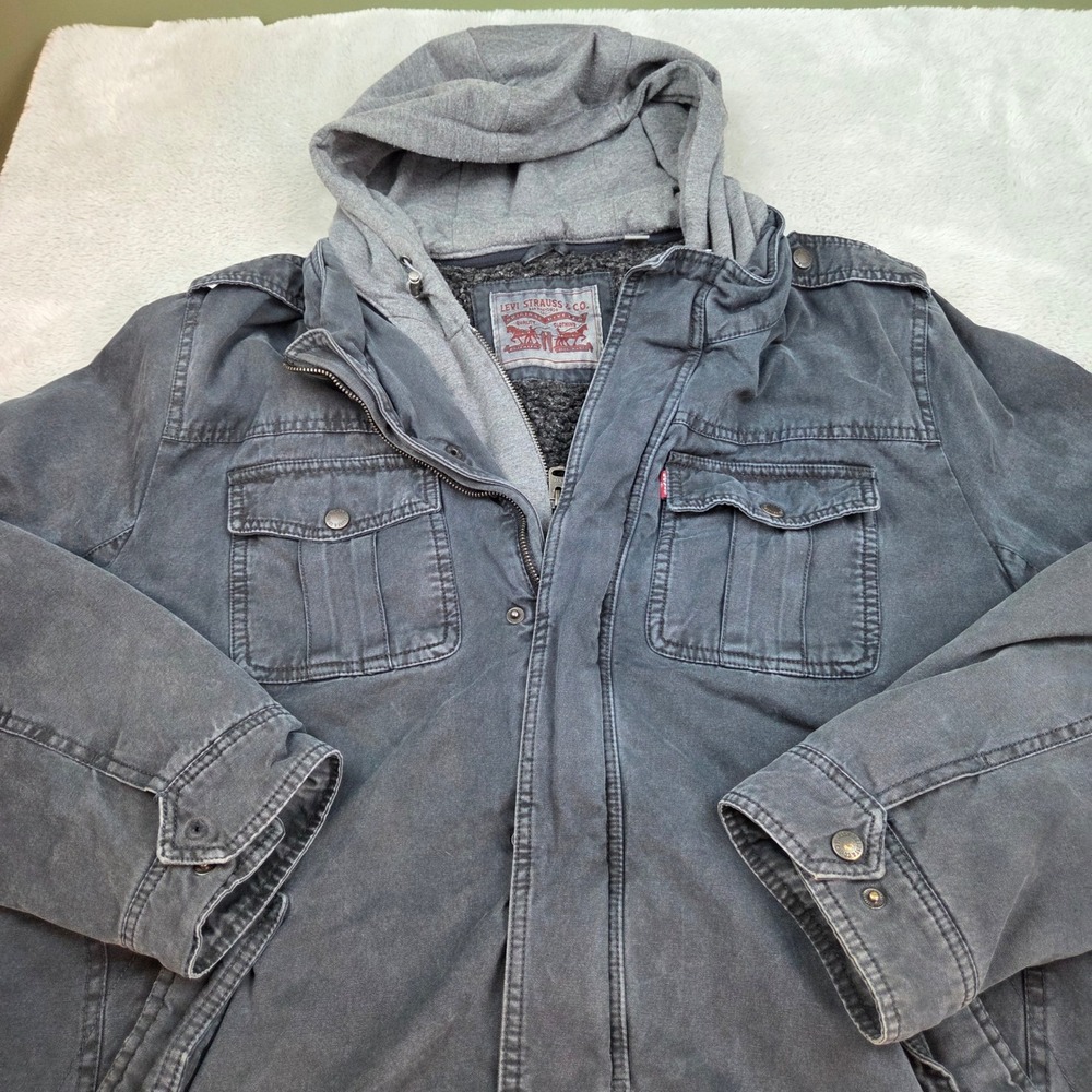 Levis Canvas Field Jacket Men XL Sherpa Lined Hooded Utility Military Grey Black